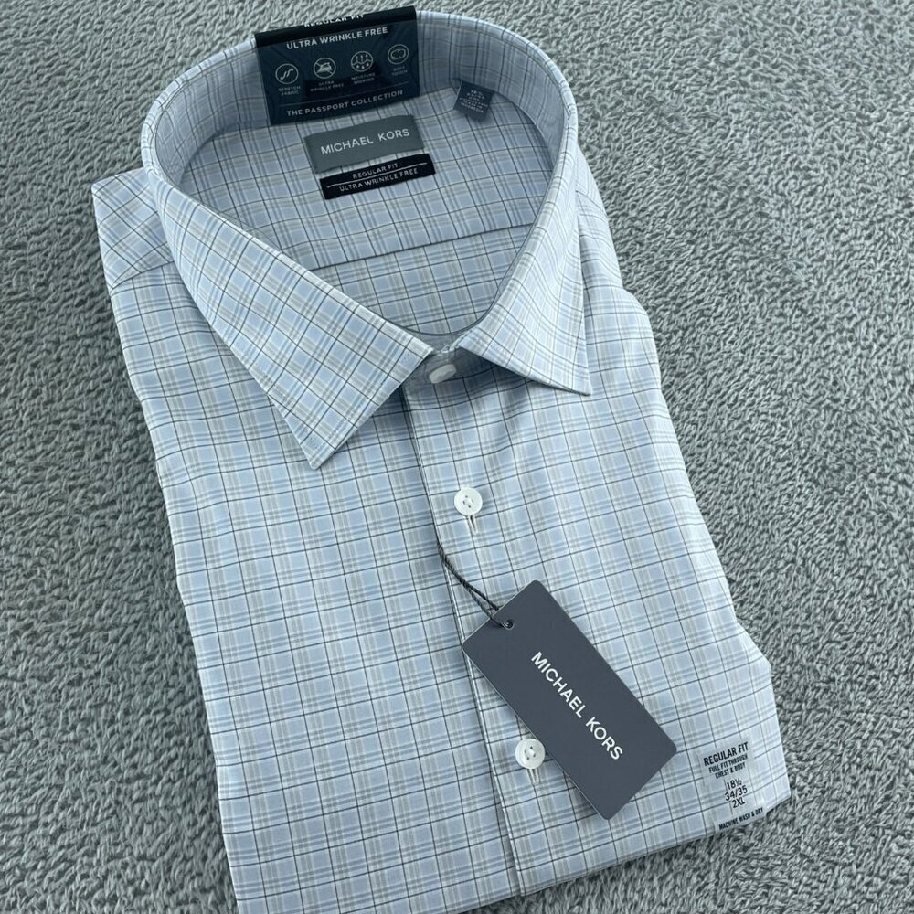 Michael Kors Mens Regular Fit Ultra Wrinkle  18.5 34/35 2XL Grey Plaid NWT 1089